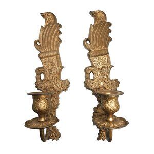 antique late 1800s pair of ornate cast iron gold tone wall mount candle sconces